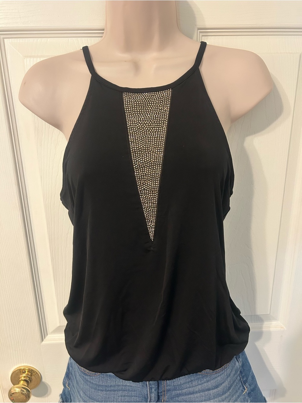 Women’s Express Black Halter Tank with Gold Rhinestone V-Detail, Small